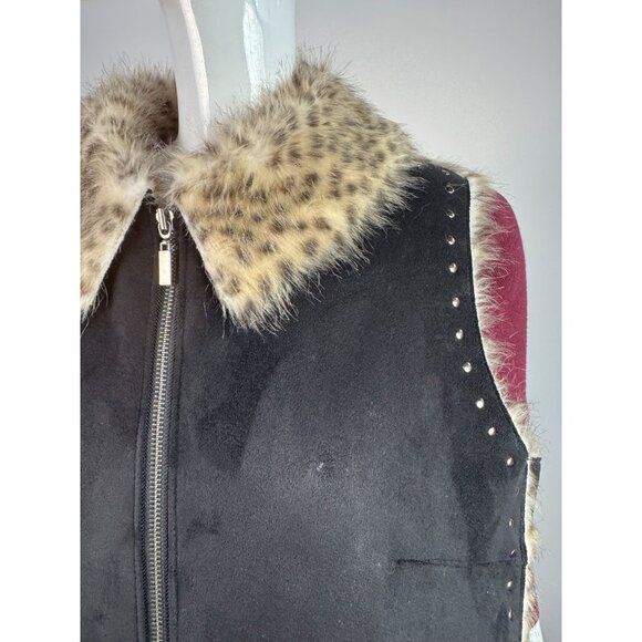 Dennis Basso Faux Fur Trimmed Studded Suede Vest Luxe Winter Layering Piece - Picture 13 of 16